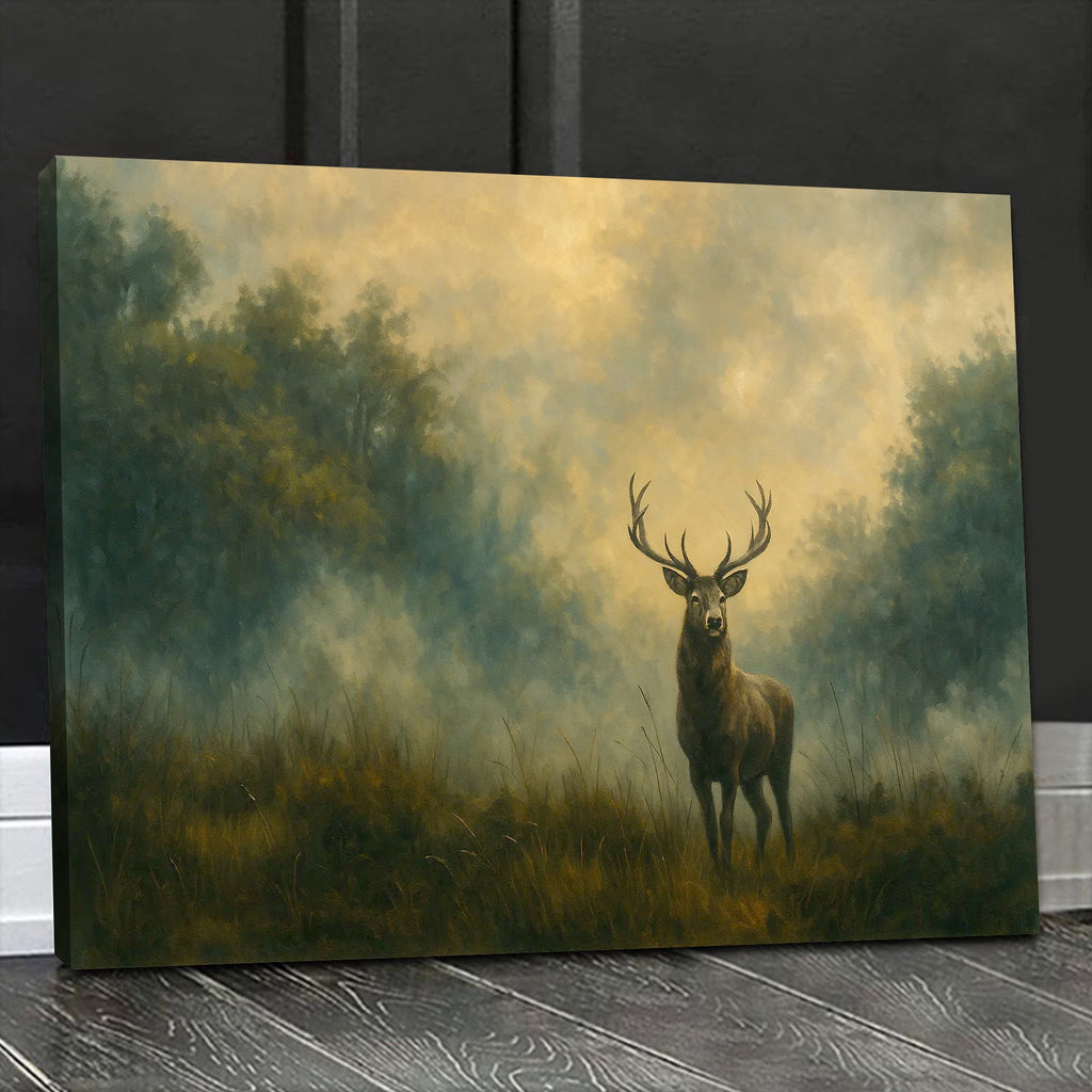 Majestic Deer in Forest Canvas Wall Art – Rustic Wildlife Nature Scene – Cabin Lodge Decor