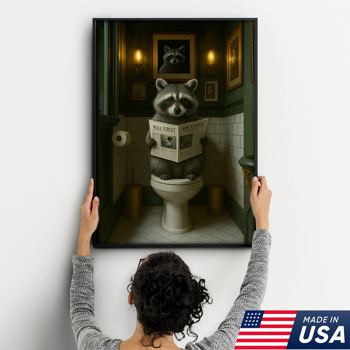 Funny Raccoon Bathroom Wall Art – Rustic Toilet Humor Cabin Canvas Decor