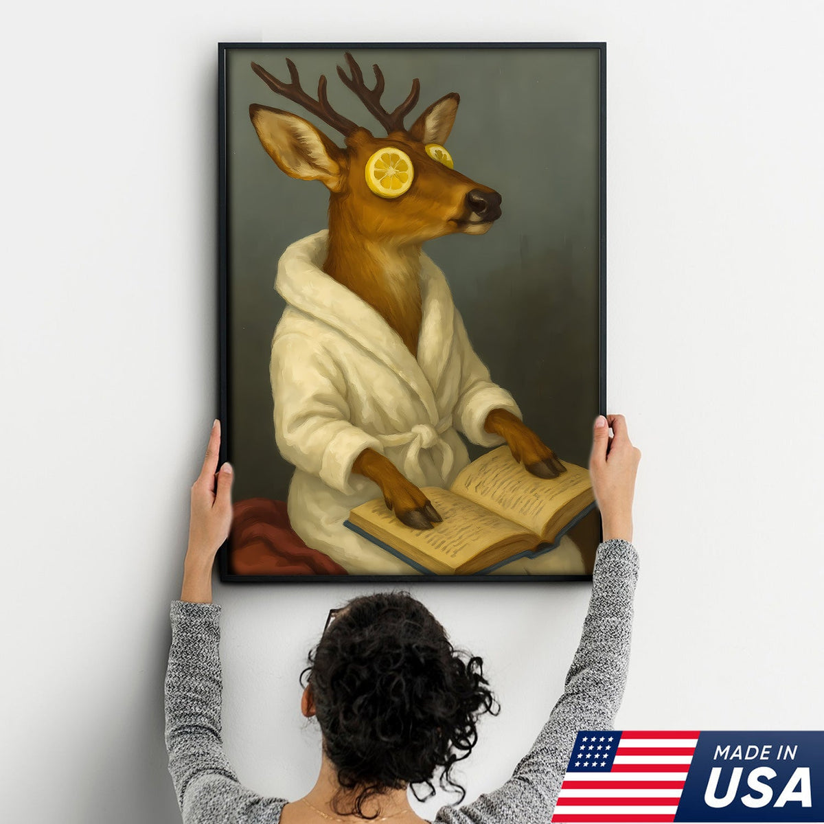 Funny Deer Spa Portrait Wall Art – Relaxing Deer With Lemon Eyes, Whimsical Animal Painting