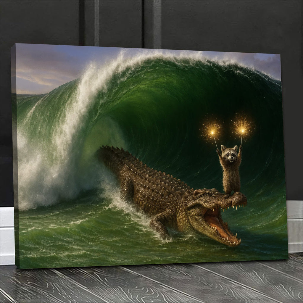 Crocodile Surfing Canvas Wall Art, Raccoon with Sparklers Fantasy Animal