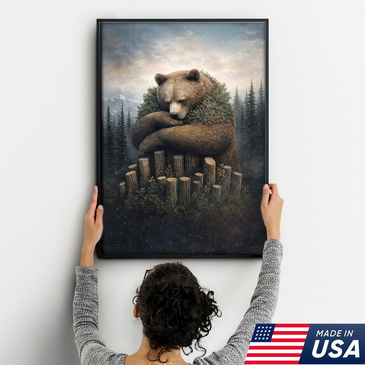Gentle Bear Forest Canvas Wall Art, Whimsical Nature Bear Illustration