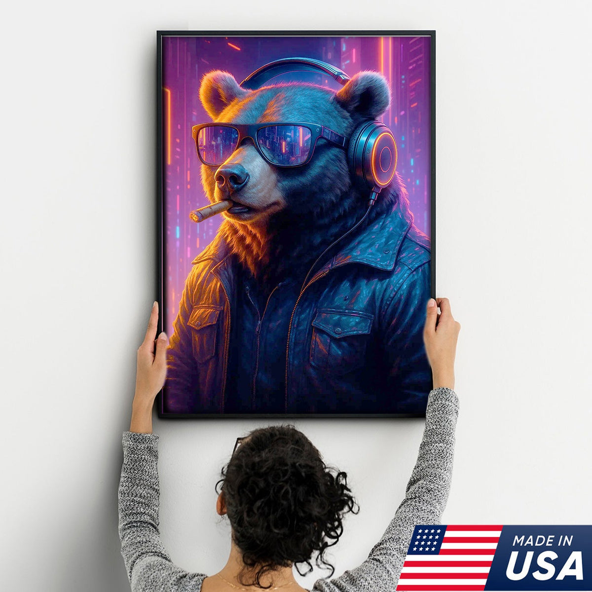 Cyberpunk Bear Wall Art Canvas, Cool DJ Bear with Headphones Neon City Decor