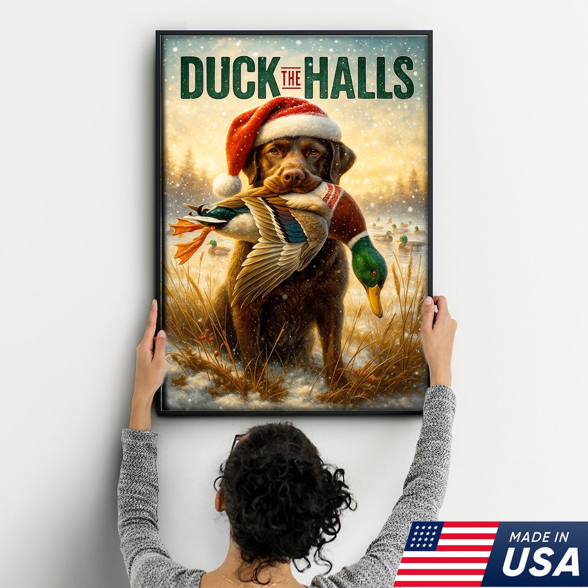 Duck The Halls Christmas Hunting Dog Canvas Art, Funny Holiday Wall Decor for Hunters