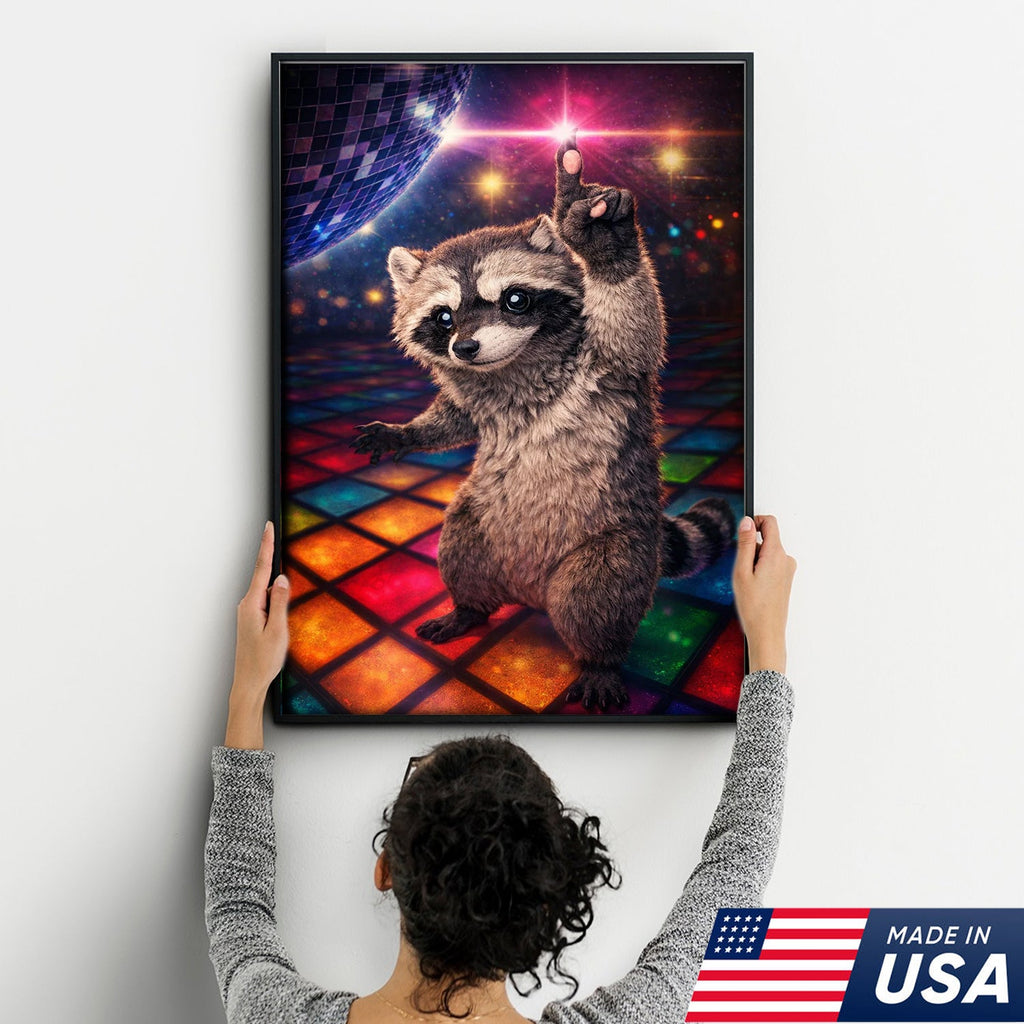 Disco Raccoon Wall Art Canvas Print, Funny Dancing Animal Illustration