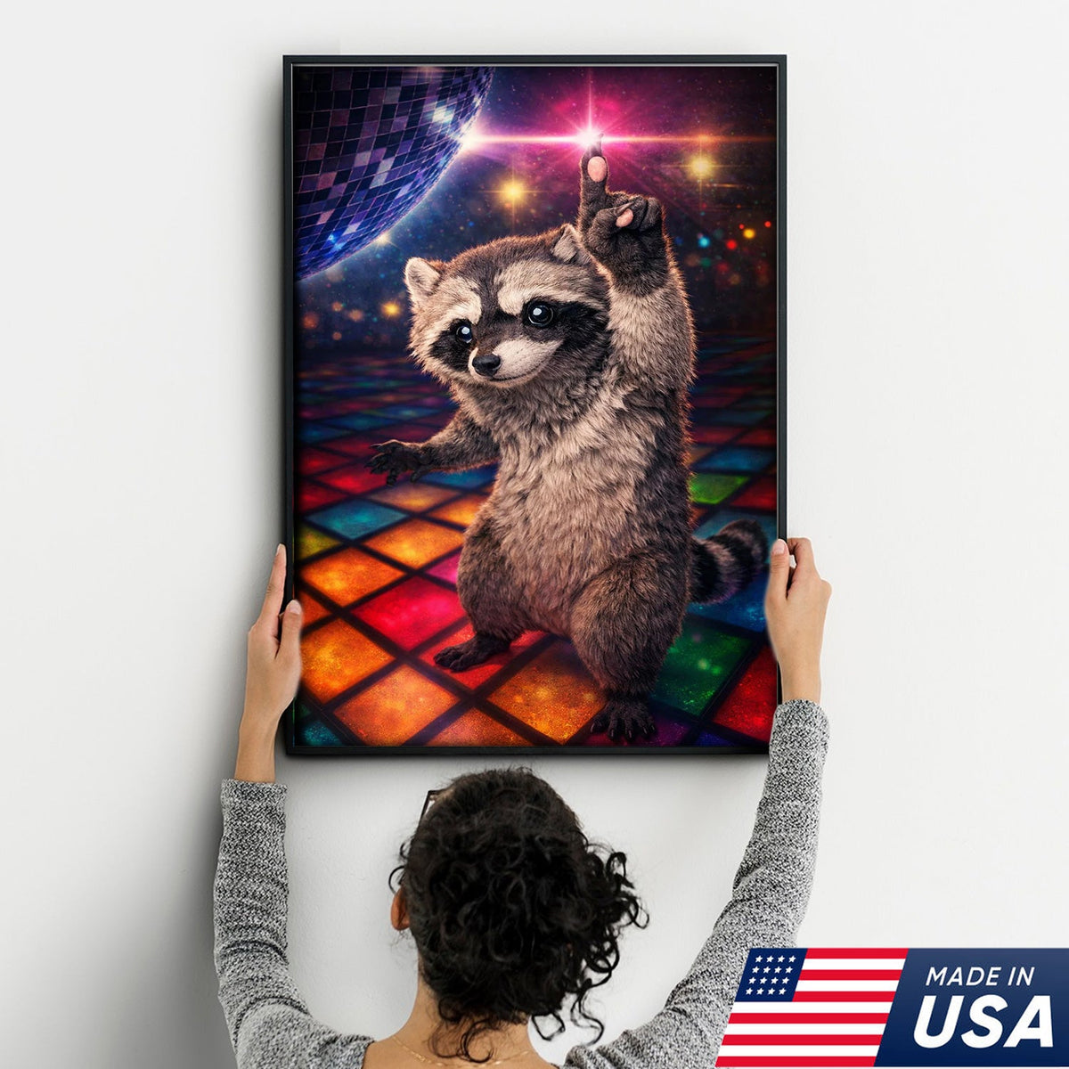 Disco Raccoon Wall Art Canvas Print, Funny Dancing Animal Illustration
