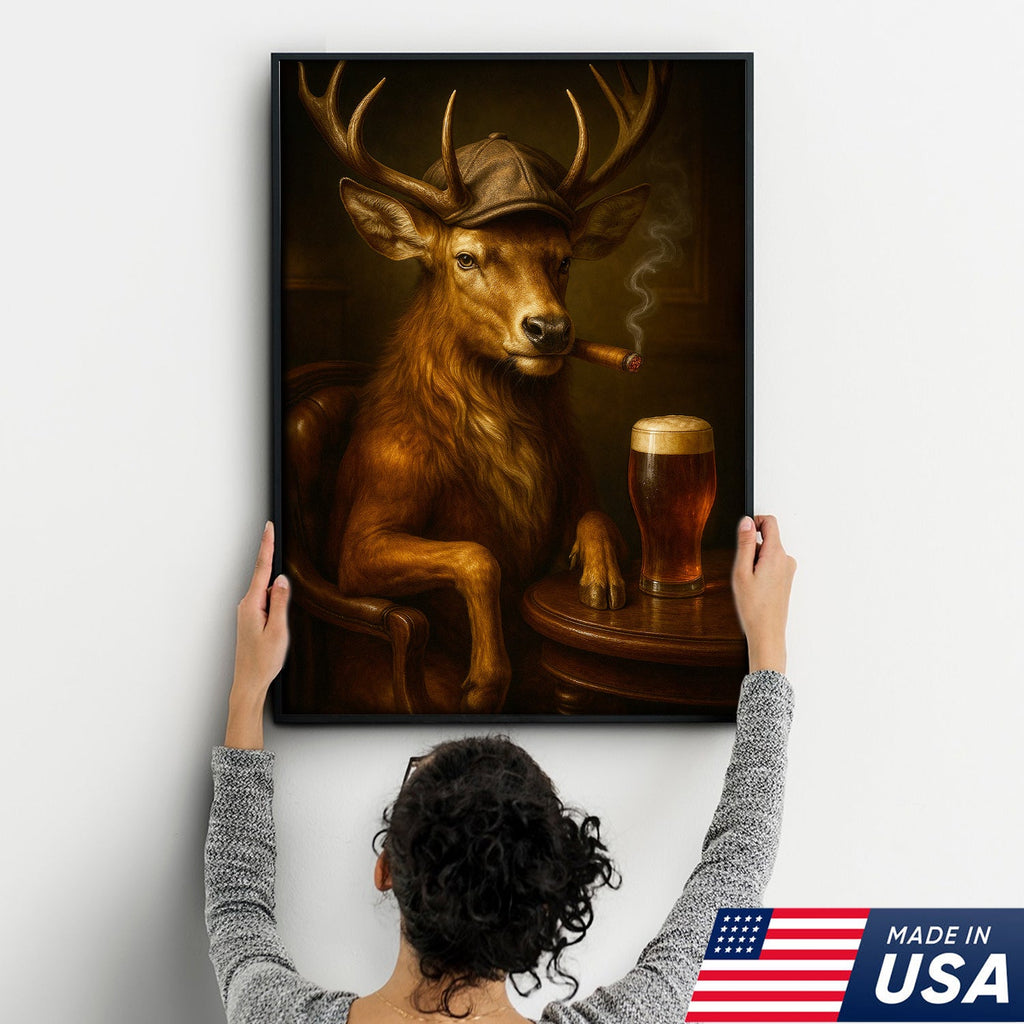 Classy Deer Smoking Cigar Canvas – Rustic Beer Lover Wall Art for Cabin & Man Cave