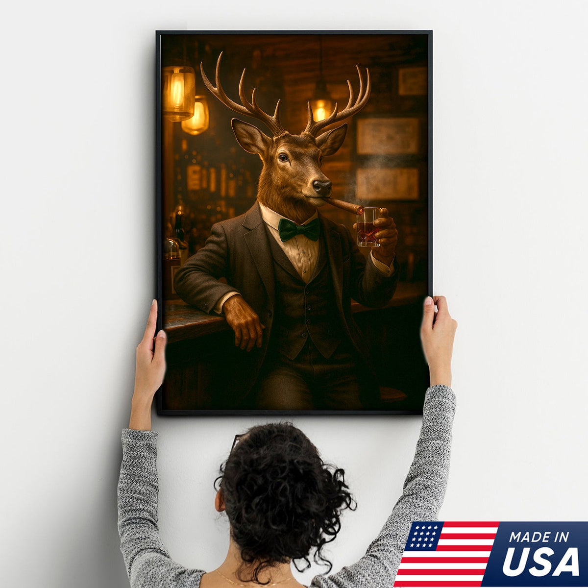 Deer Gentleman Wall Art – Classy Drinking & Smoking Canvas for Bar, Lodge & Man Cave Decor