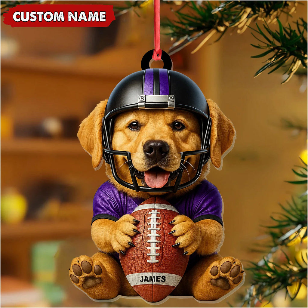 Personalized Football Puppy Christmas Ornament, Custom Name Dog in Helmet Holding Ball, Cute Pet Lover Tree Decoration