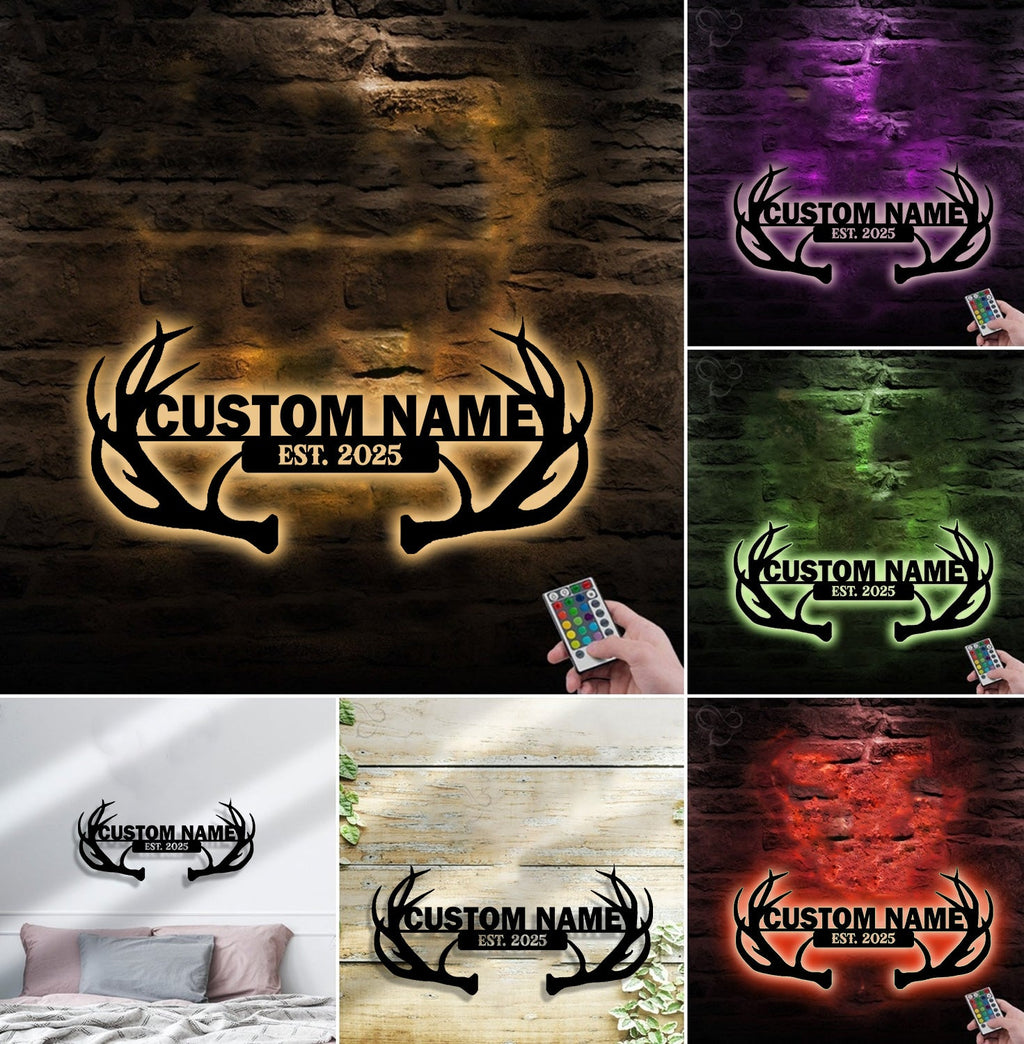 Personalized Deer Antler Metal Sign WITH LED/WITHOUT LED - Rustic Cabin Name Sign