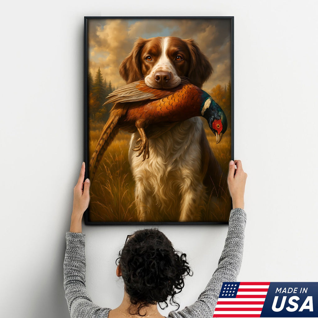 Upland Hunting Dog Canvas Wall Art – Brittany with Pheasant, Rustic Cabin Decor