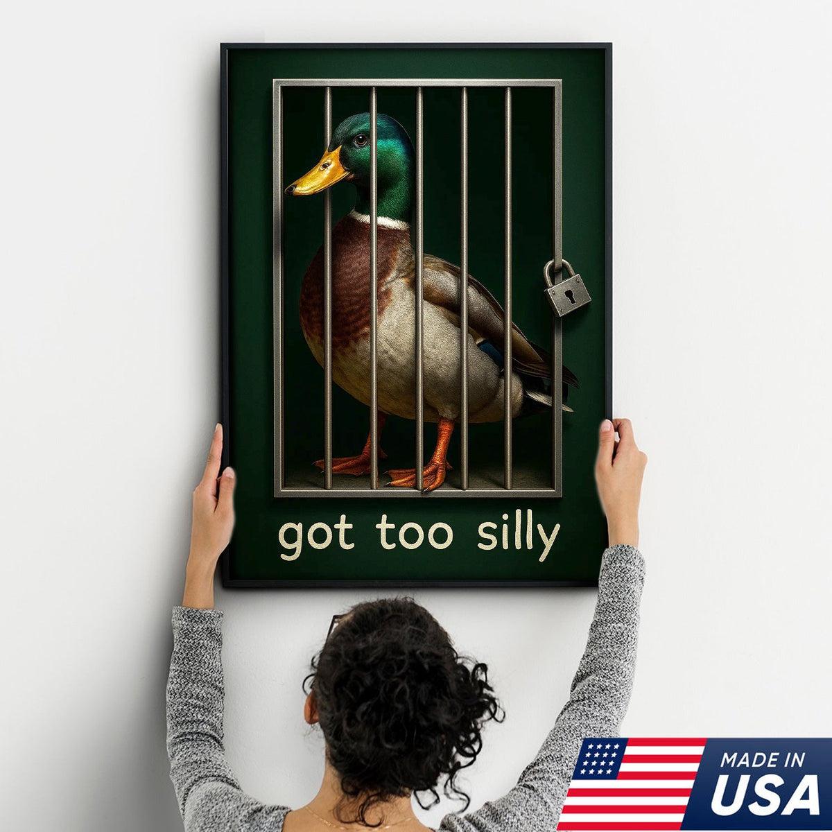 Silly Duck Canvas Wall Art – Funny Mallard Jail Print – Unique Rustic Cabin or Bathroom Decor