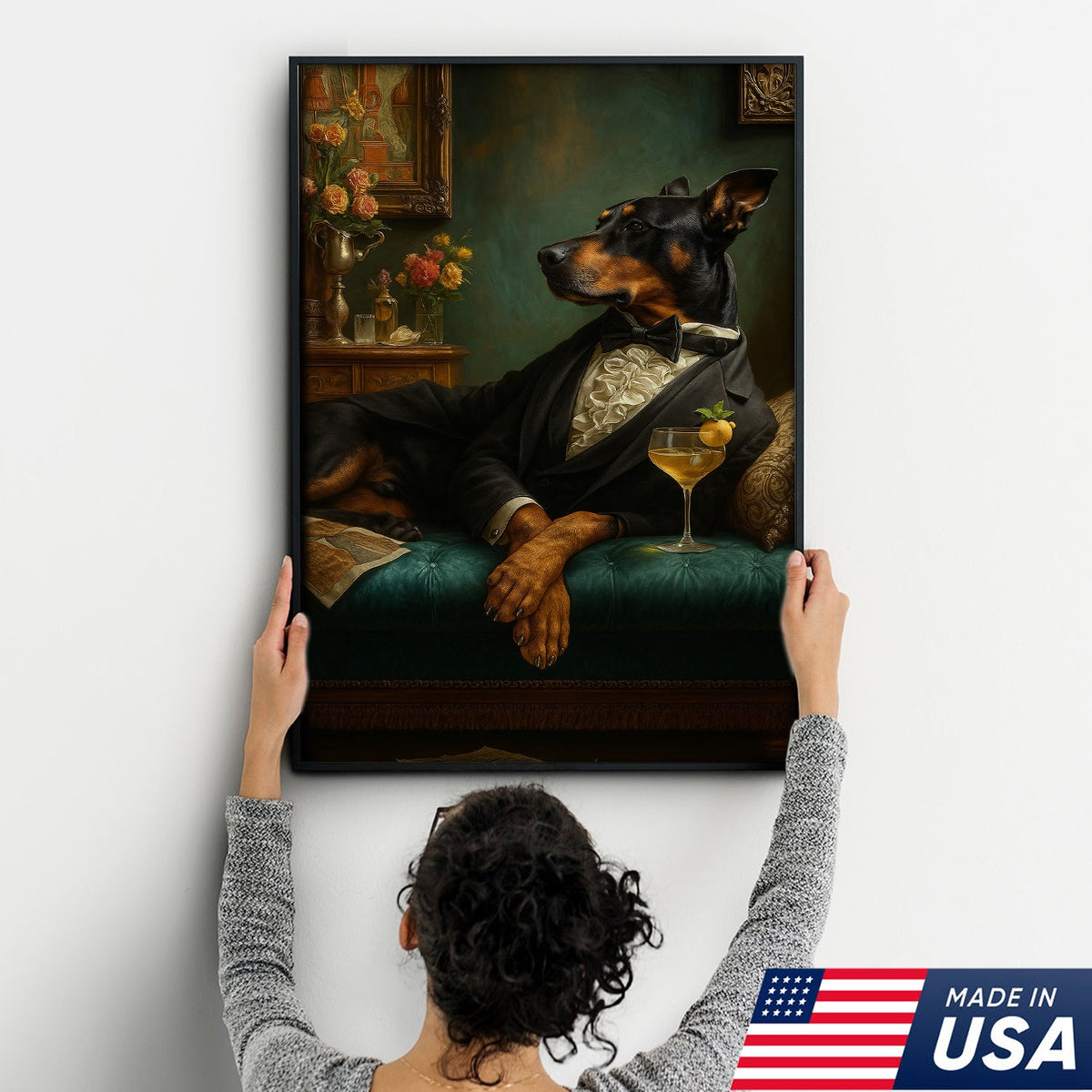 Elegant Doberman Gentleman Wall Art Canvas – Vintage Dog Portrait for Home Bar