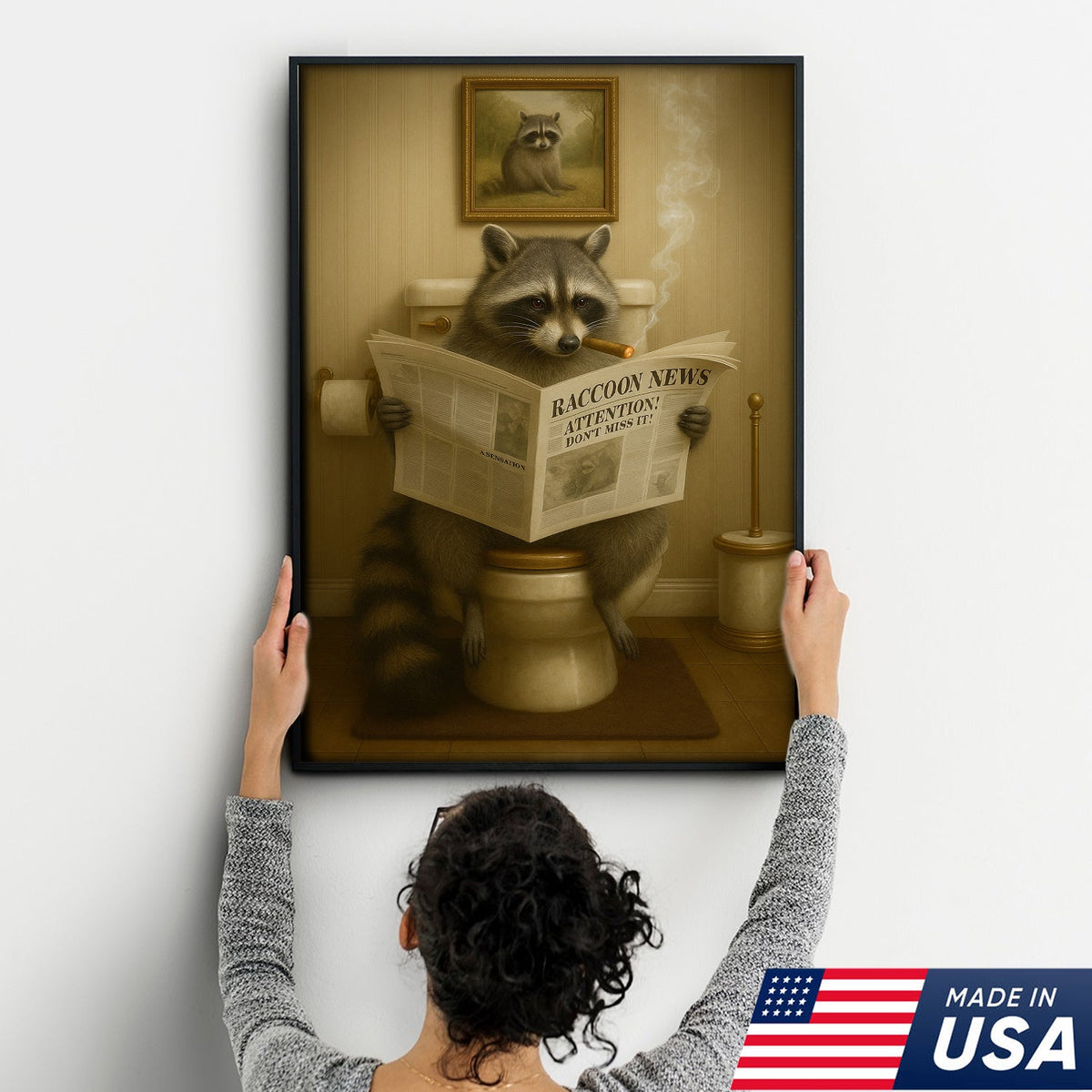 Funny Raccoon Bathroom Canvas Wall Art – Rustic Lodge Cabin Decor Toilet Humor