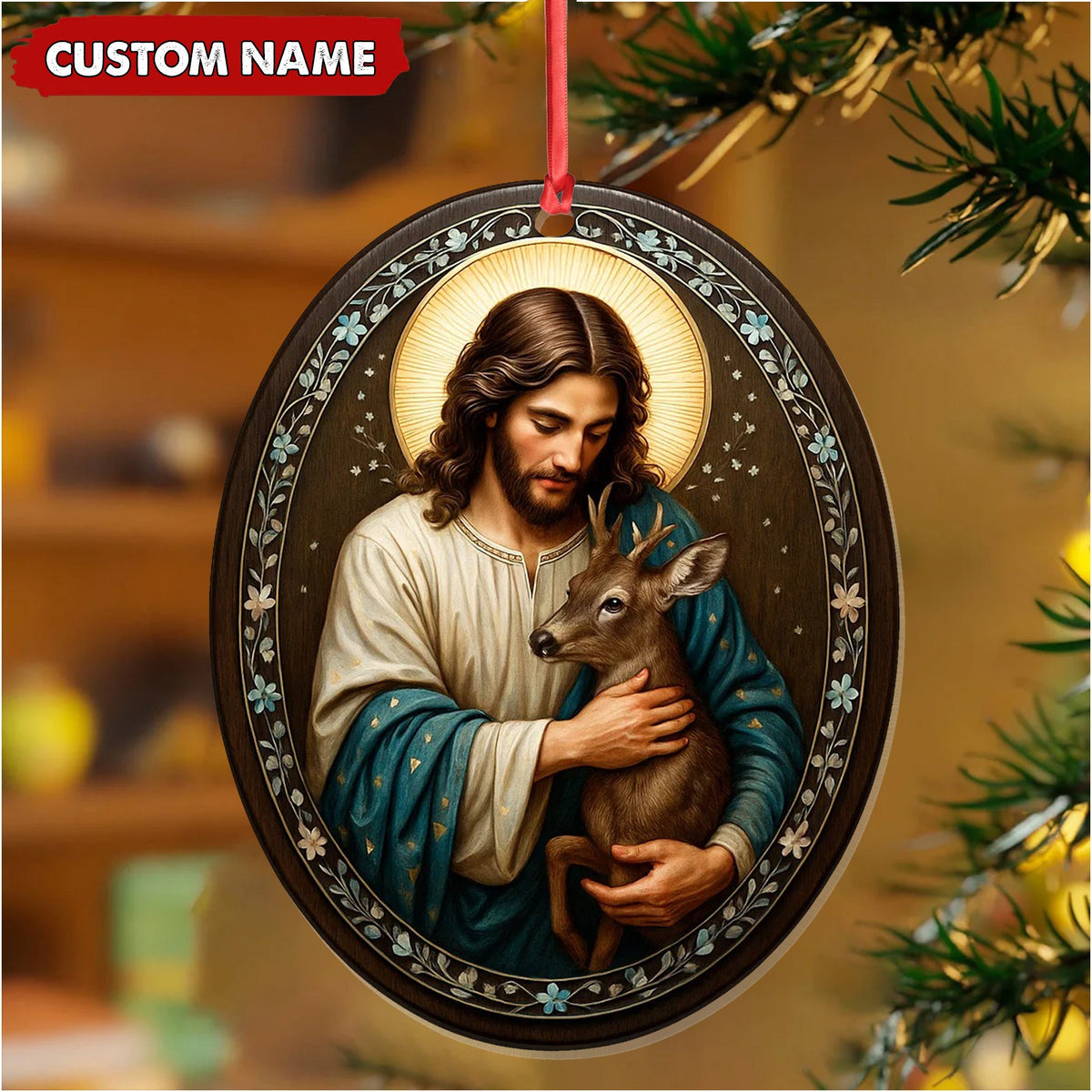 Custom Jesus Holding Deer Christmas Ornament, Personalized Name Christian Tree Decoration, Religious Woodland Gift for Faith Family