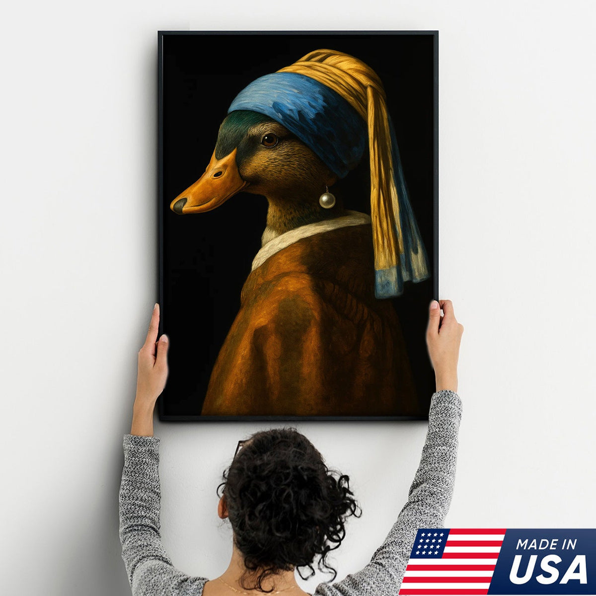 Duck with Pearl Earring Portrait Canvas, Funny Parody Duck Wall Art