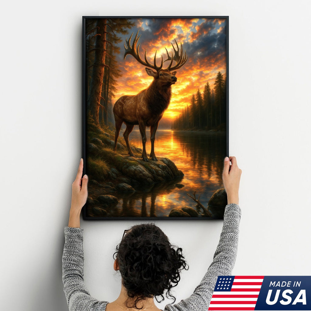 Majestic Elk at Sunset By The Lake Canvas– Wildlife Wall Art for Cabin, Lodge & Nature Lovers