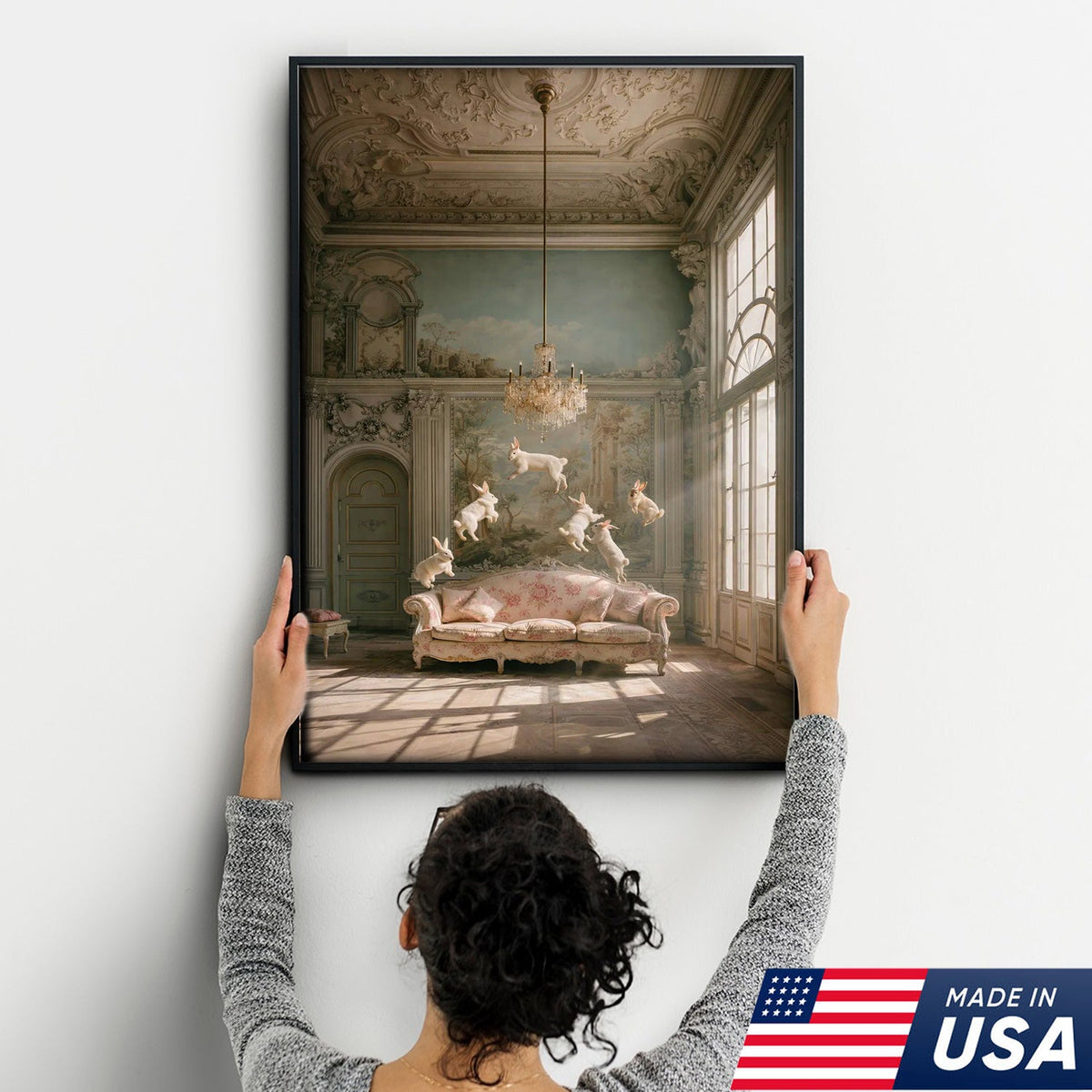Surreal Floating Rabbits Canvas Wall Art, Dreamy Bunny Dance in Elegant Palace Interior