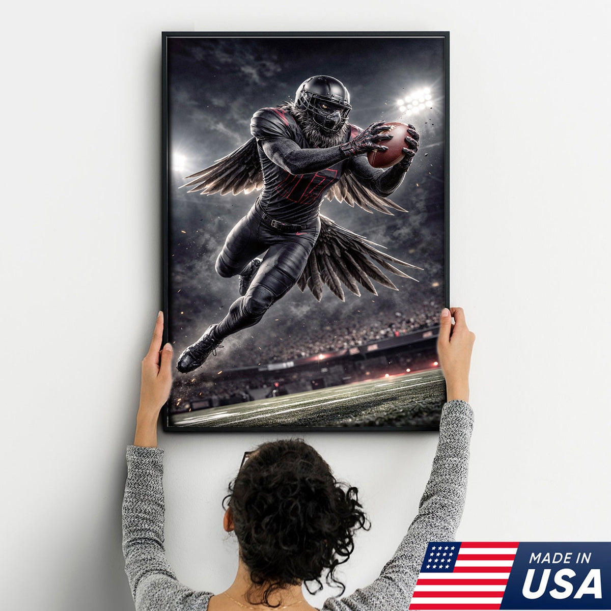 Dark Raven Football Canvas Wall Art – Black Winged Athlete Stadium Action Print