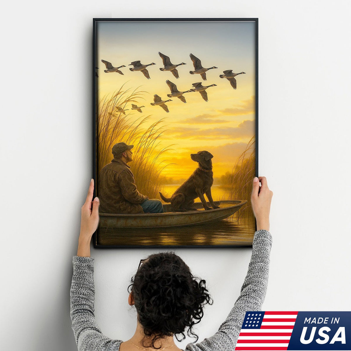 Waterfowl Hunting Wall Art – Duck Flock at Dawn, Hunter & Retriever In Boat, Rustic Decor