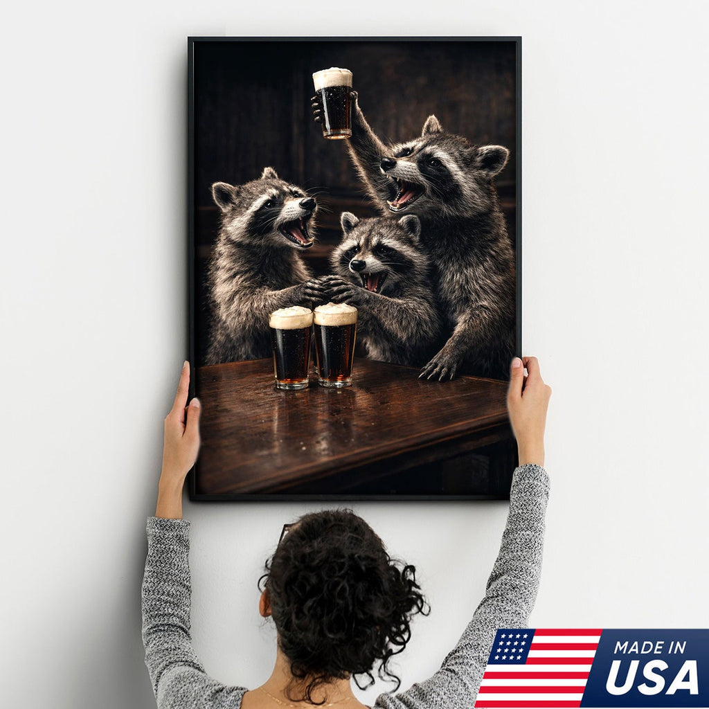 Funny Party Raccoon Wall Art Canvas Print, Wild Friends Celebration Animal Illustration