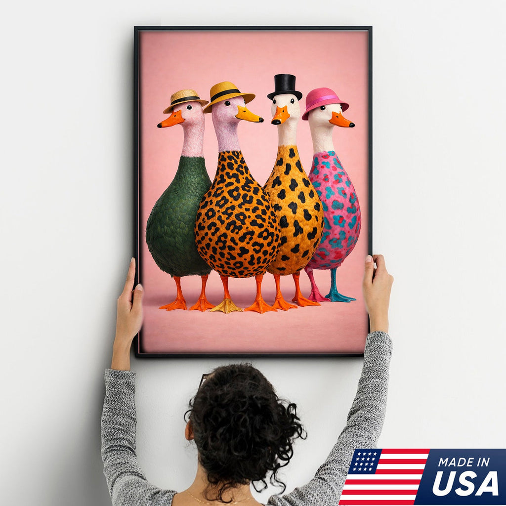 Funny Duck Canvas Wall Art – Colorful Ducks With Hats Painting