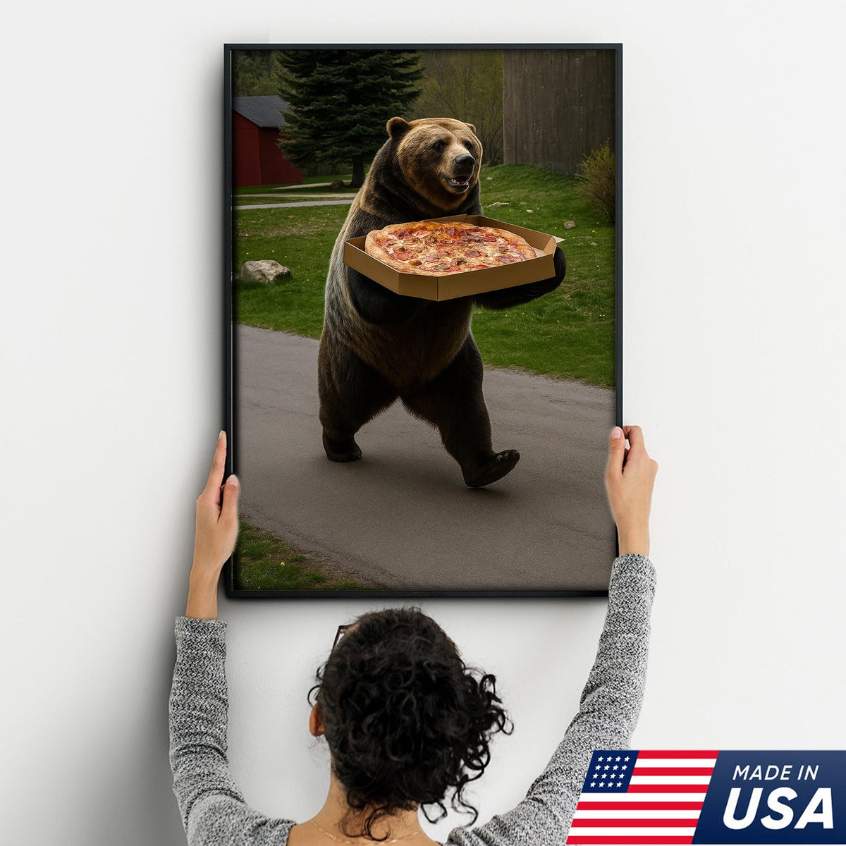 Funny Bear Pizza Canvas Wall Art, Humorous Kitchen Foodie Decor Print