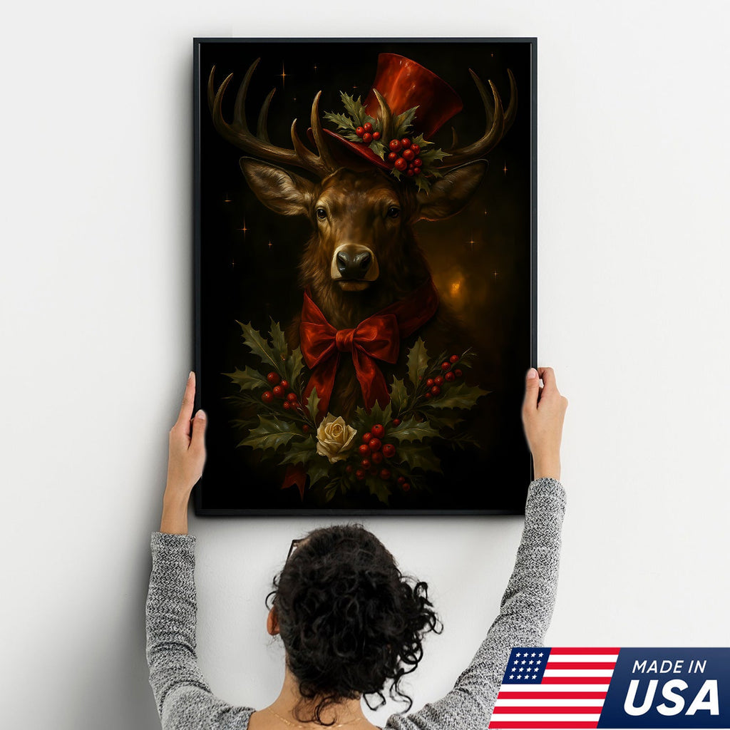 Christmas Deer Canvas Wall Art – Rustic Holiday Decor for Cabin & Lodge