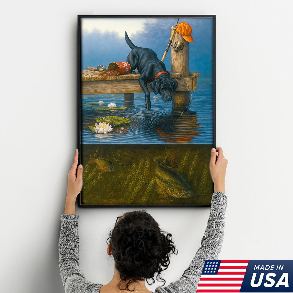 Black Lab Fishing Dock Canvas Wall Art, Lake House Decor, Bass Fish Underwater Split View