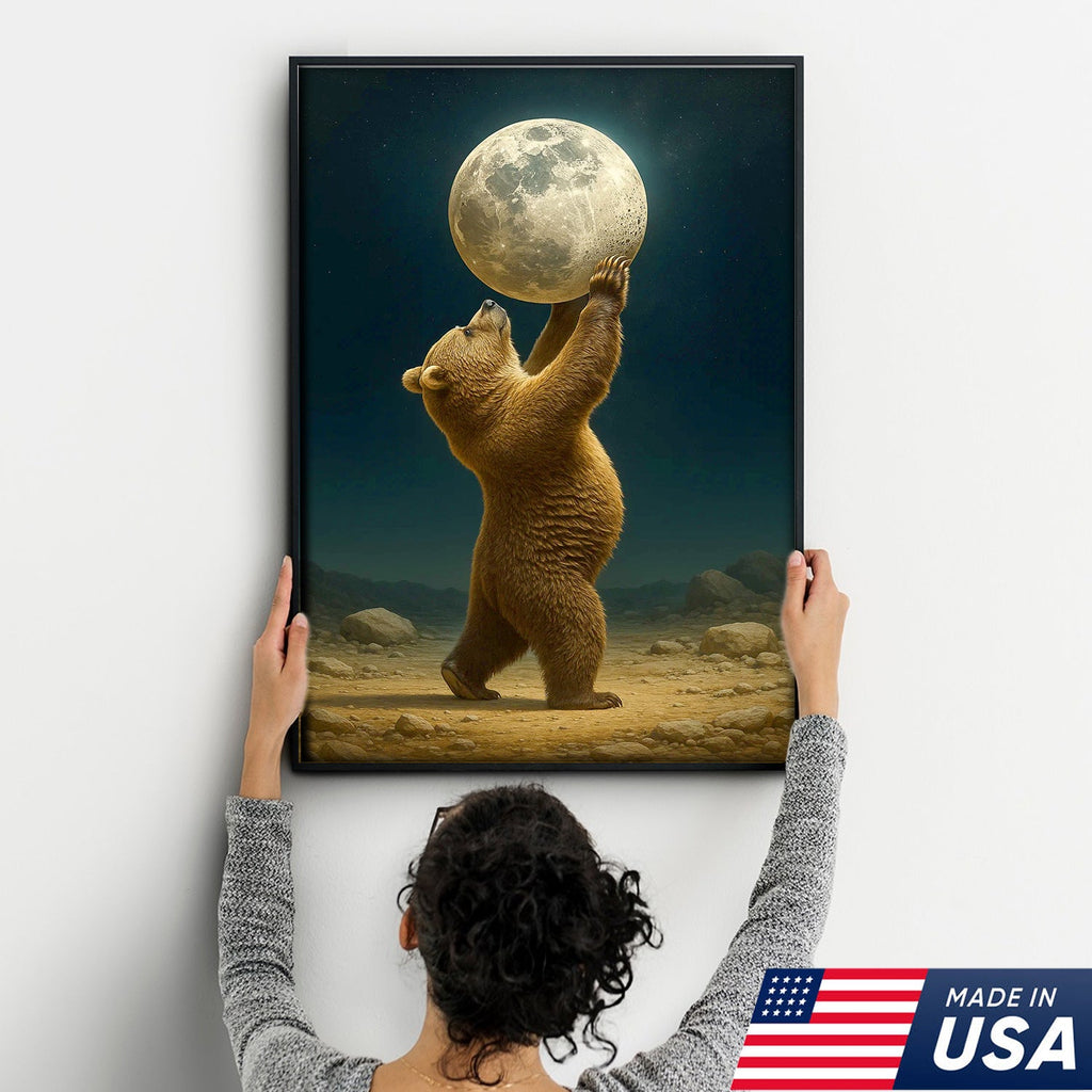 Bear Holding Full Moon Canvas Wall Art, Surreal Night Sky Decor, Rustic Cabin Nature Print