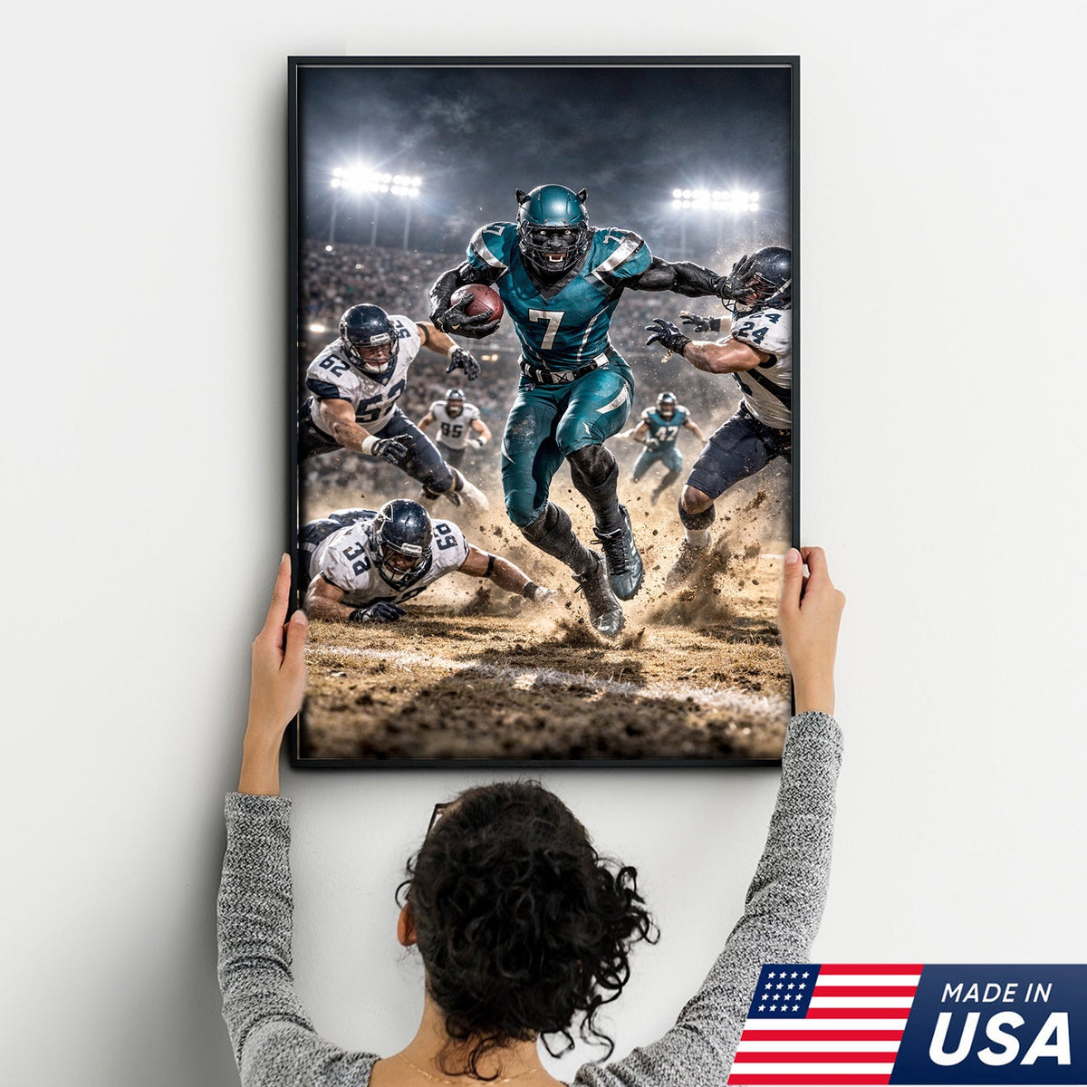 Black Panther Football Canvas Wall Art – Intense Stadium Action Sports Print
