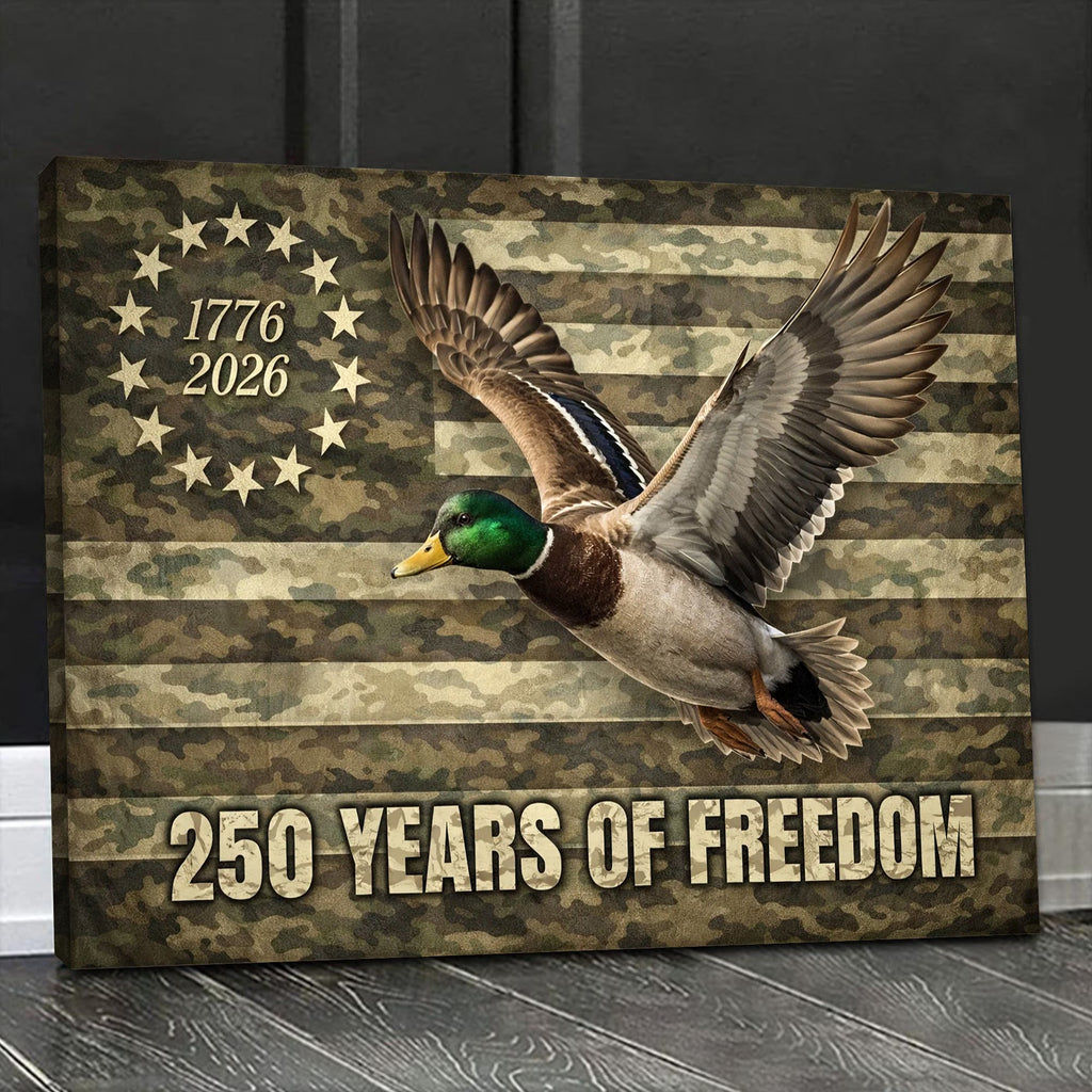 250 Years of Freedom Duck Canvas, Patriotic Hunting Wall Art, USA Flag Decor