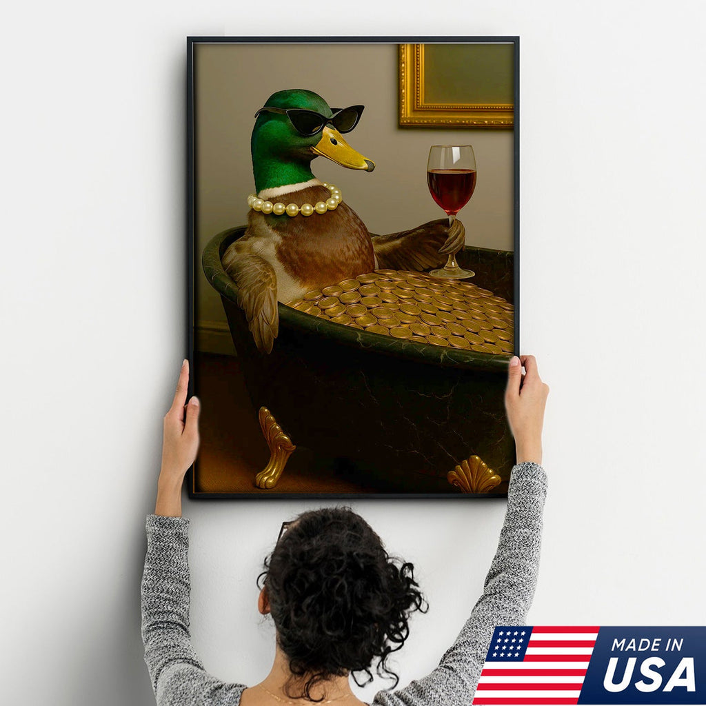 Luxury Duck Canvas Art – Funny Rich Duck in Gold Bathtub, Glam Animal Portrait Wall Decor