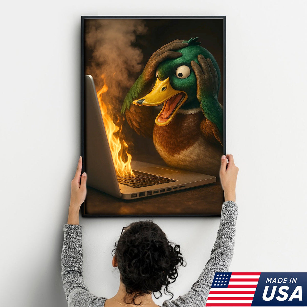 Funny Duck Screaming at Burning Laptop Canvas Wall Art, Hilarious Tech Fail Gift