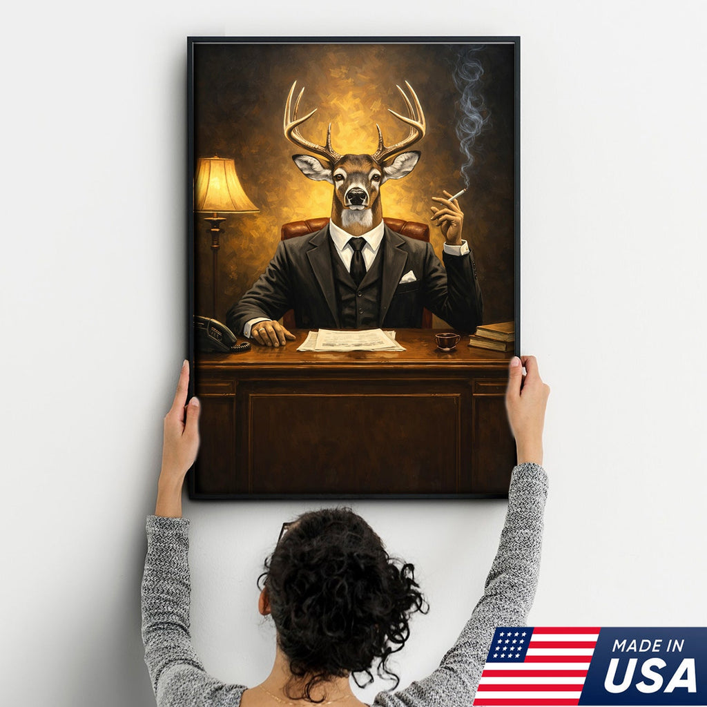 Anthropomorphic Deer Businessman Canvas Wall Art, Surreal Animal Portrait Artwork