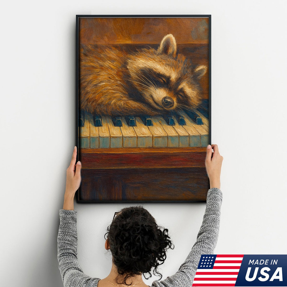 Sleeping Raccoon Wall Art Canvas - Cozy Animal Wall Decor, Cute Raccoon Painting