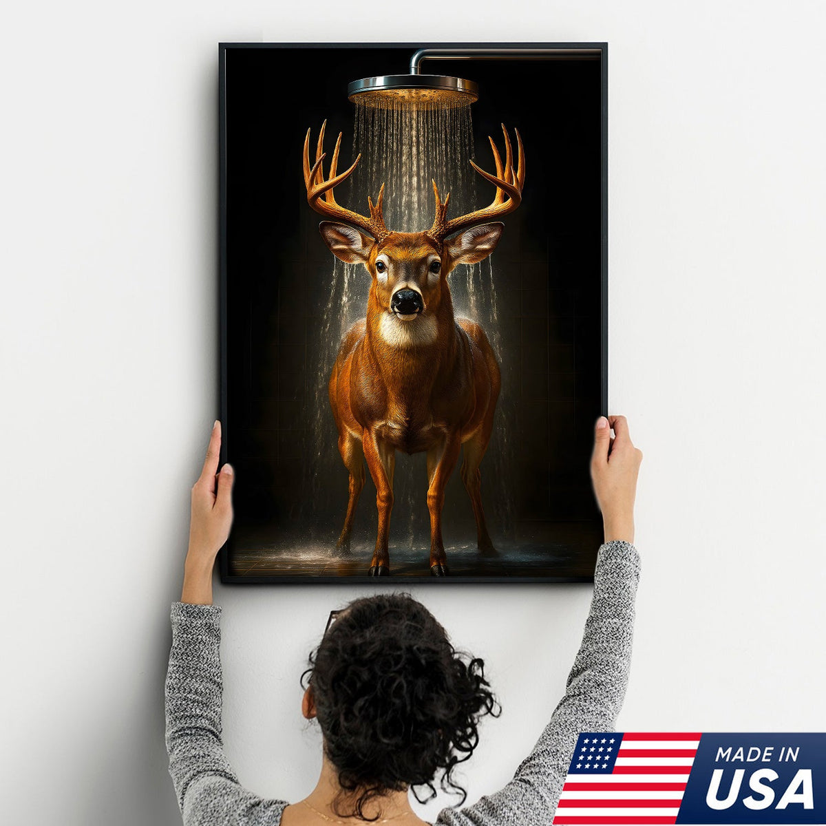 Funny Deer Shower Canvas Wall Art, Whimsical Buck Bathroom Decor