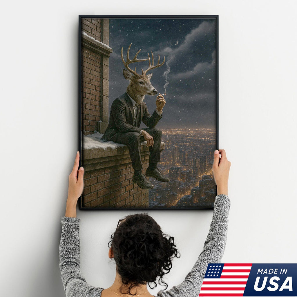 Surreal Deer Man Canvas Wall Art, Anthropomorphic Animal City Night Artwork