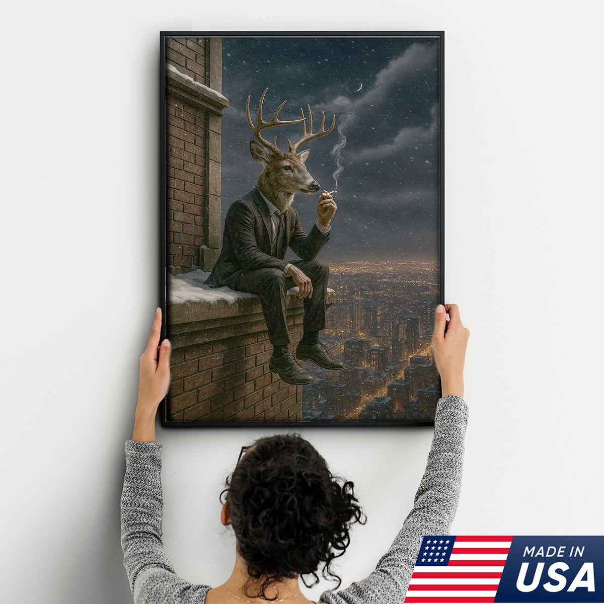 Surreal Deer Man Canvas Wall Art, Anthropomorphic Animal City Night Artwork