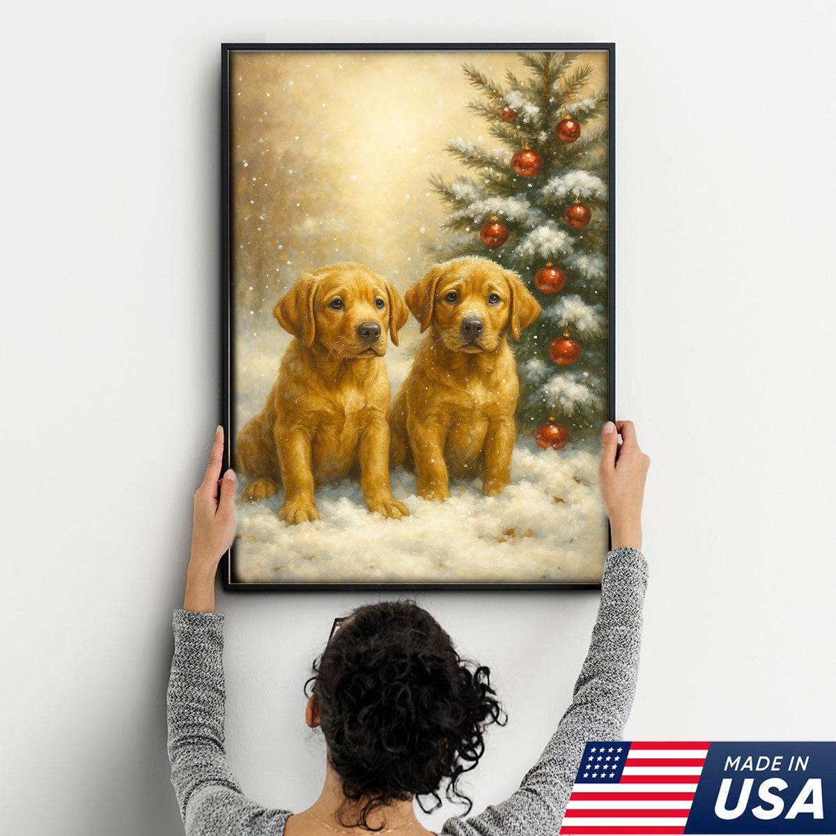 Christmas Golden Puppies Canvas Wall Art – Cute Labrador Dog Holiday Canvas Print