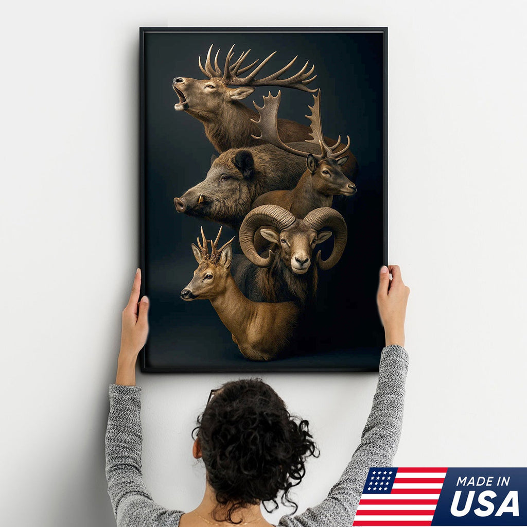 Wild Game Animal Canvas Wall Art, Deer Boar Ram Elk Artwork, Rustic Cabin Decor for Hunters
