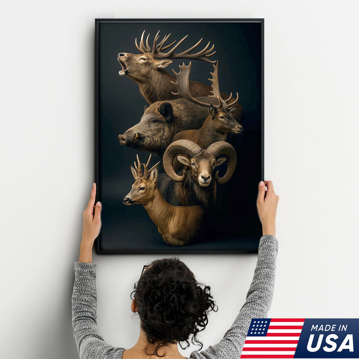 Wild Game Animal Canvas Wall Art, Deer Boar Ram Elk Artwork, Rustic Cabin Decor for Hunters