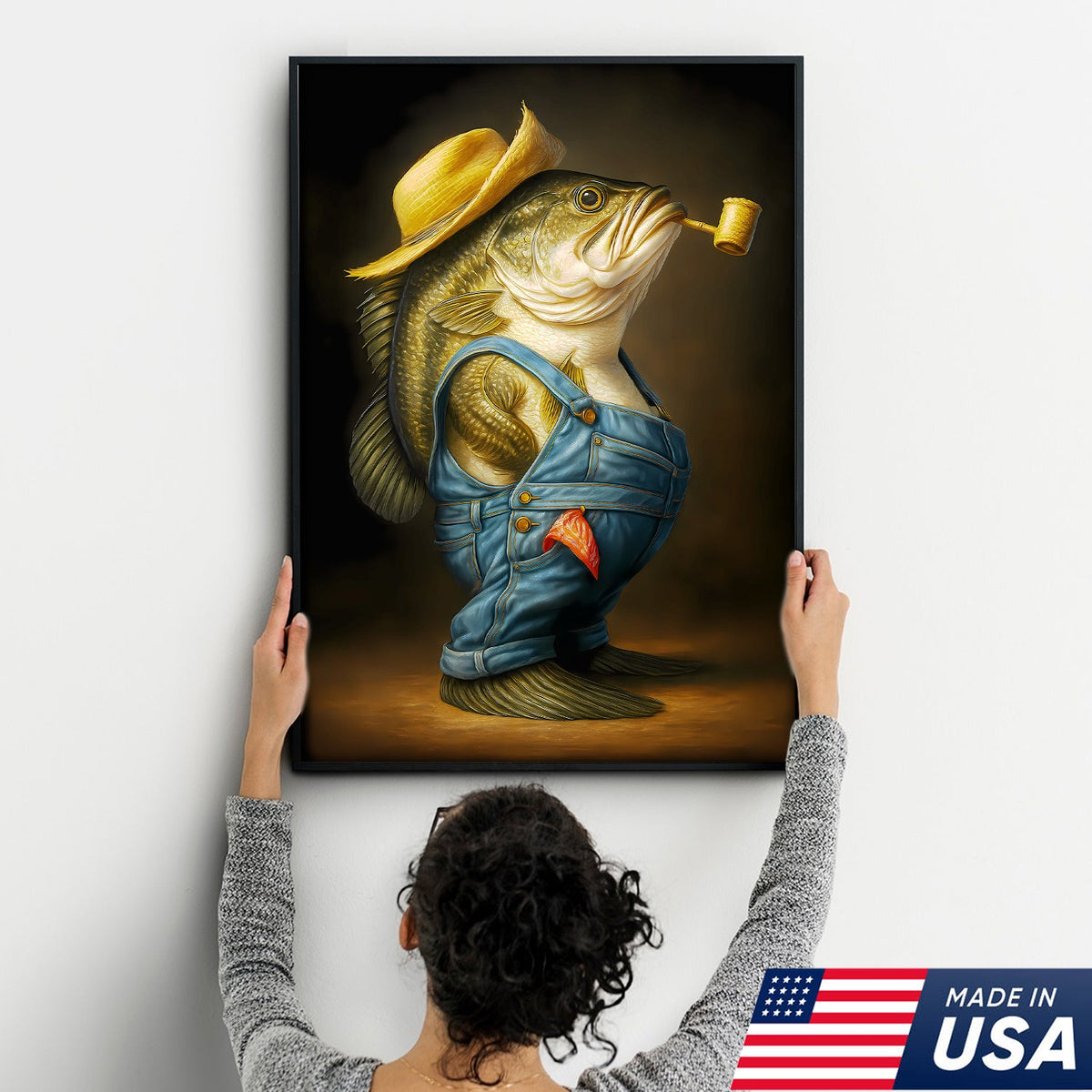 Funny Bass Wall Art – Farmer Fish Canvas for Fishing Lovers, Cabin & Lake House Decor