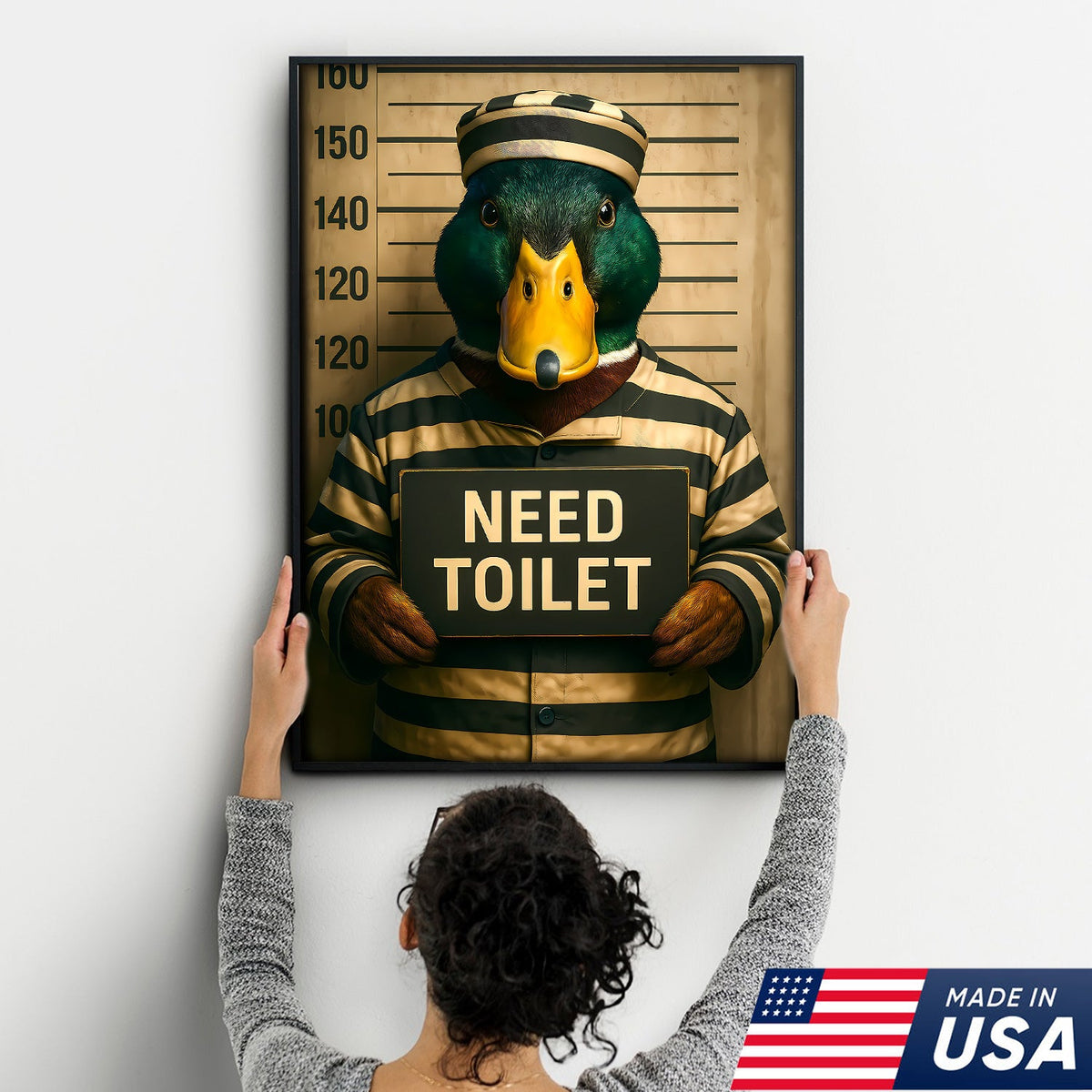 Funny Duck Mugshot Canvas – Bathroom Wall Art for Men, Toilet Humor Decor, Gag Gift Idea