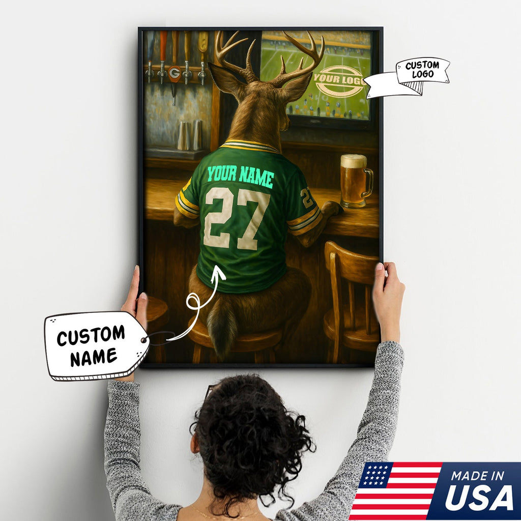 Custom Deer Football Canvas Wall Art – Personalized Deer Watching Sports Drinking Funny Sports Bar Decor