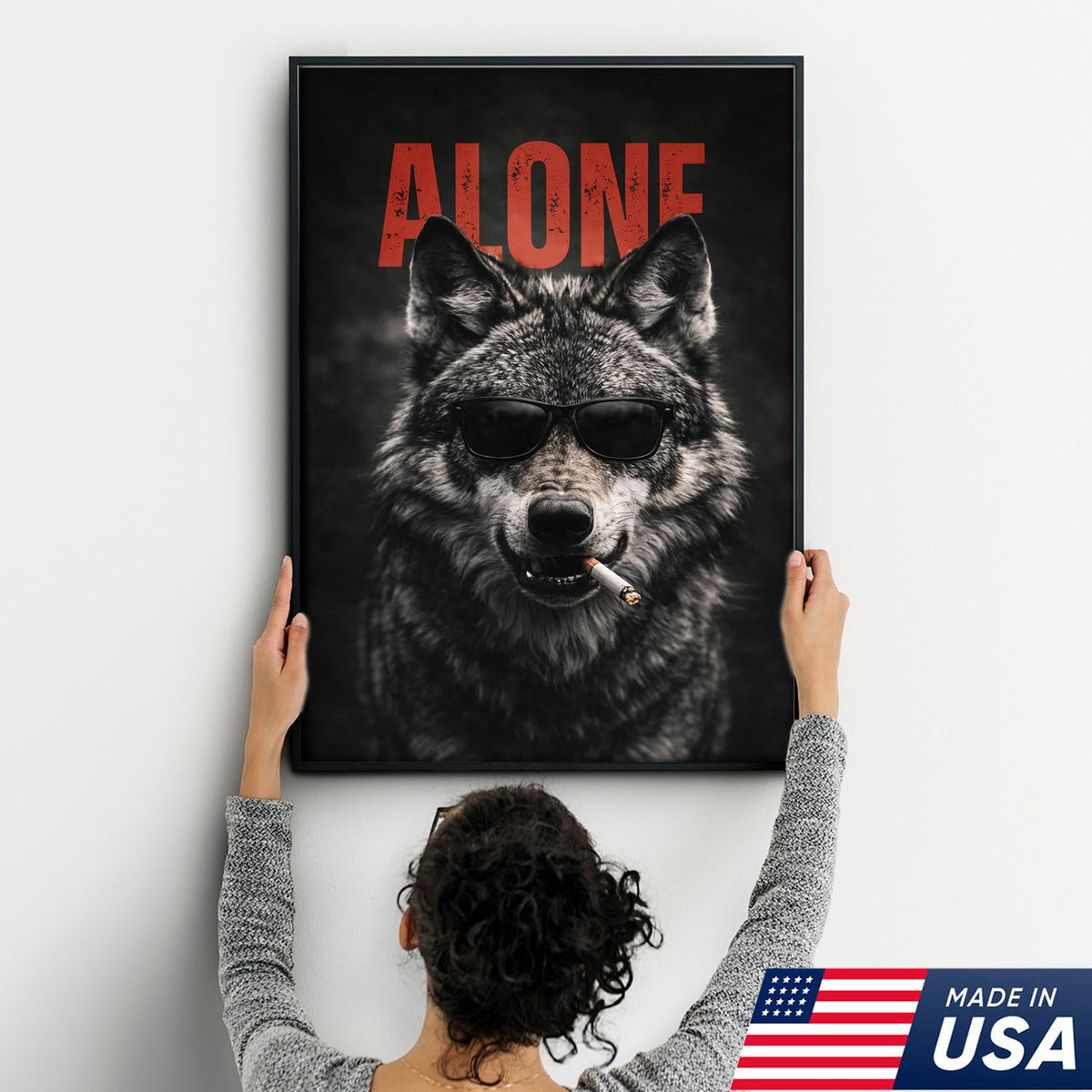 Alpha Lone Wolf Canvas Wall Art, Cool Wolf Portrait with Sunglasses