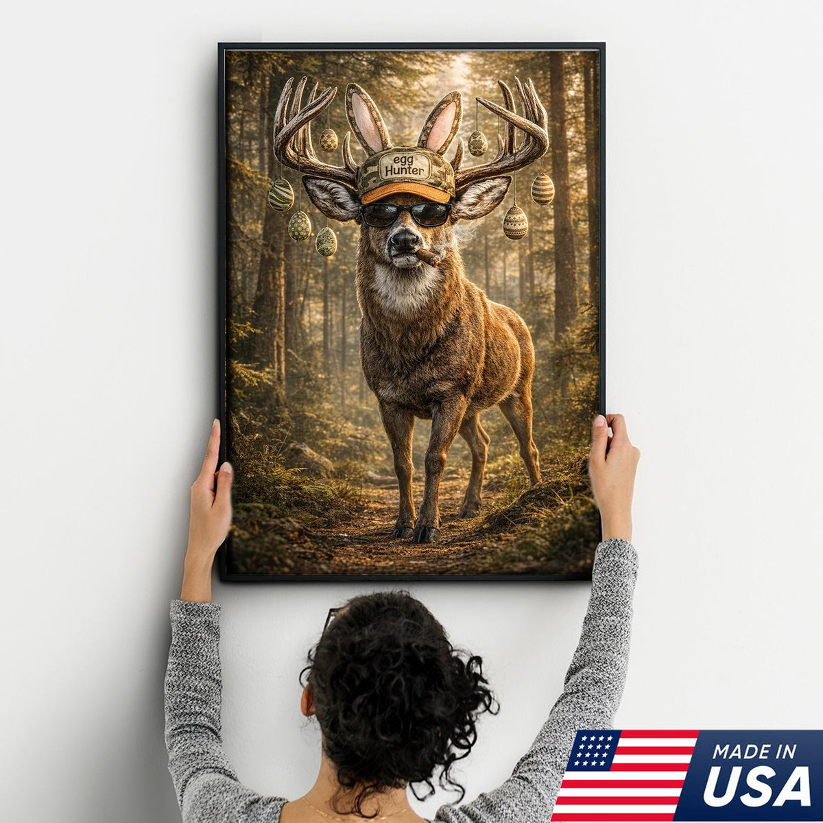 Funny Easter Deer Canvas Wall Art, Cool Egg Hunter Buck with Sunglasses