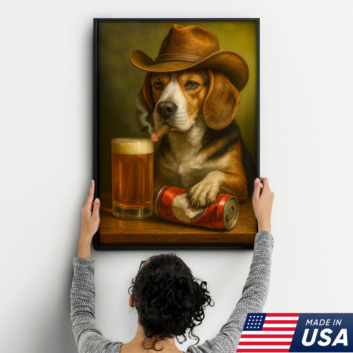 Funny Cowboy Dog Canvas Wall Art - Rustic Bar Wall Art Gift for Hunters, Outdoorsmen & Man Caves