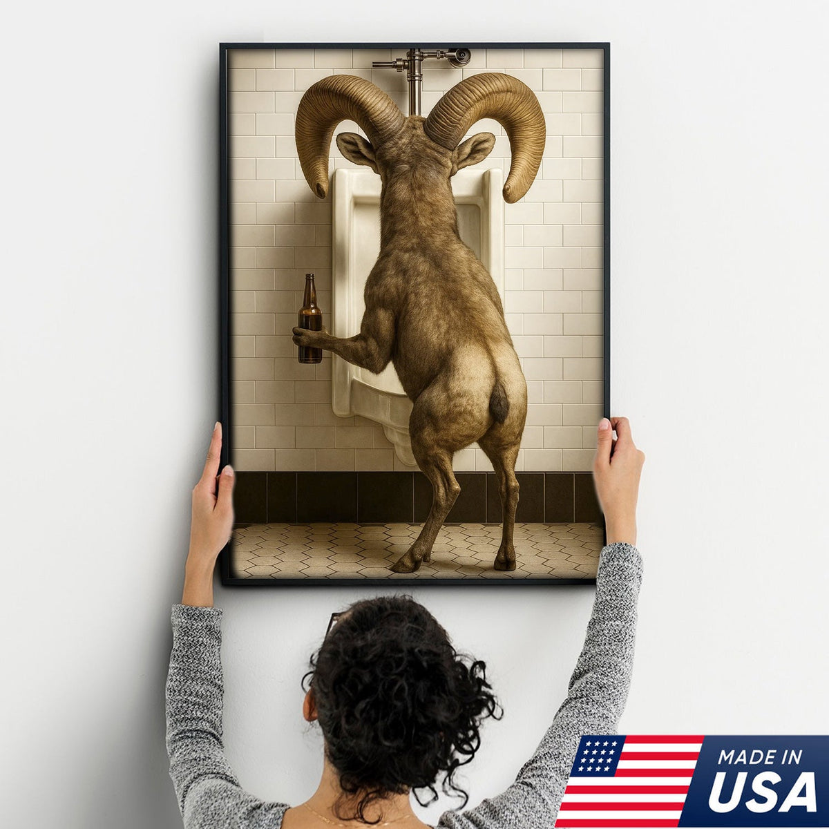 Humorous Big Horn Sheep Canvas Wall Art - Rustic Lodge Bathroom Decor for Cabin and Farmhouse