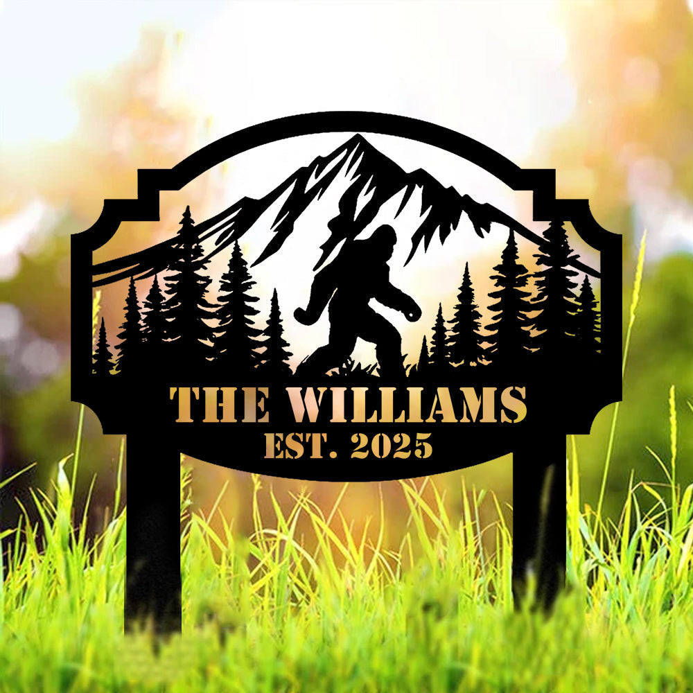 Personalized Bigfoot Mountain Scene Metal Sign – Custom Family Yard Sign