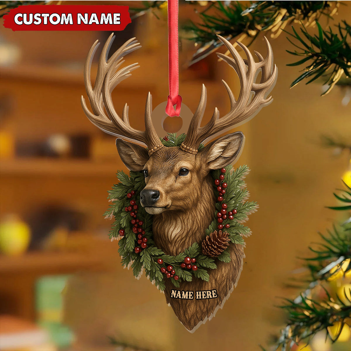 Personalized Rustic Deer Head Christmas Acrylic Ornament – 3D Holiday Decor & Perfect Gift for Hunters & Nature Lovers